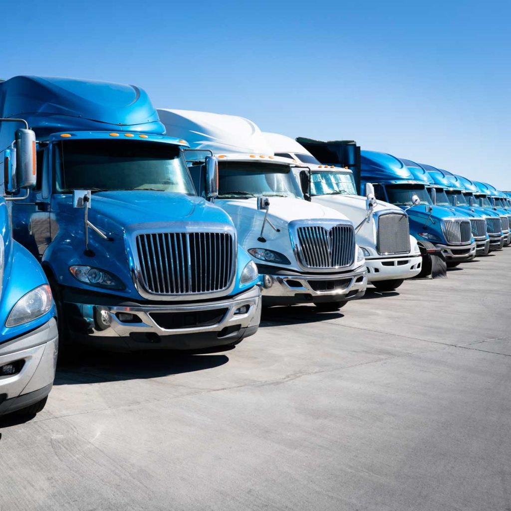 Fleet of blue 18 wheeler semi trucks